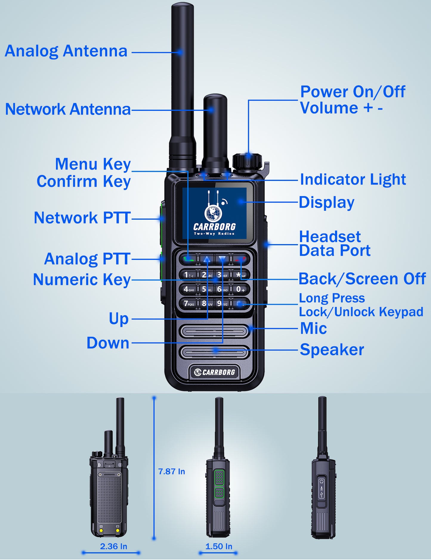 CARRBORG S959 4G Long Range Walkie Talkie | Dual Mode PTT Two-Way Radio | Nationwide & Global Coverage with SIM Card