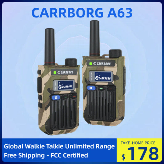 CARRBORG A63 global walkie talkie unlimited range. Strong shell, clear calls and strong battery life
