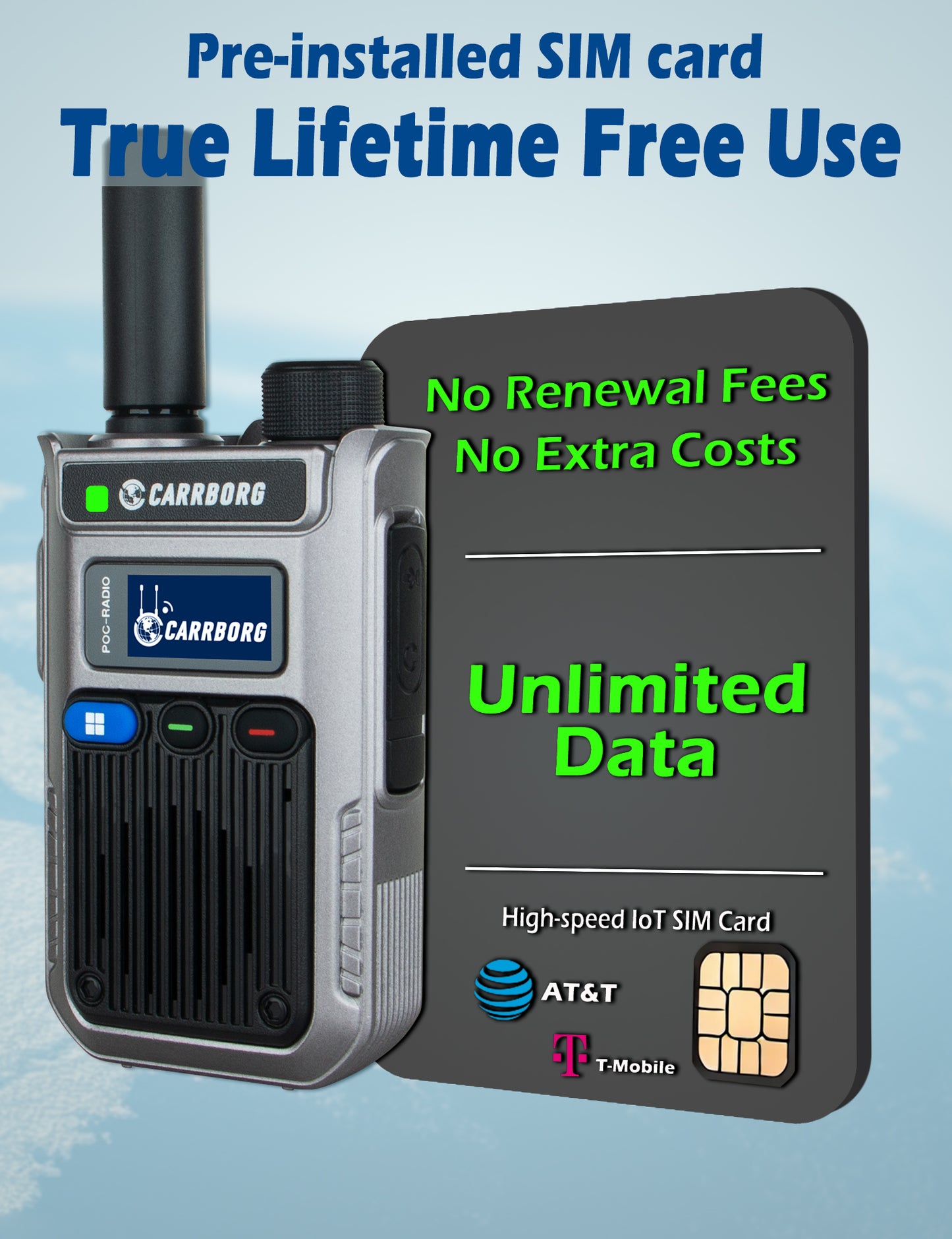 CARRBORG A63 Nationwide Lifetime Free LTE Walkie Talkies Unlimited Range 4G Two Way Radios Long Range Global POC with SIM Cards