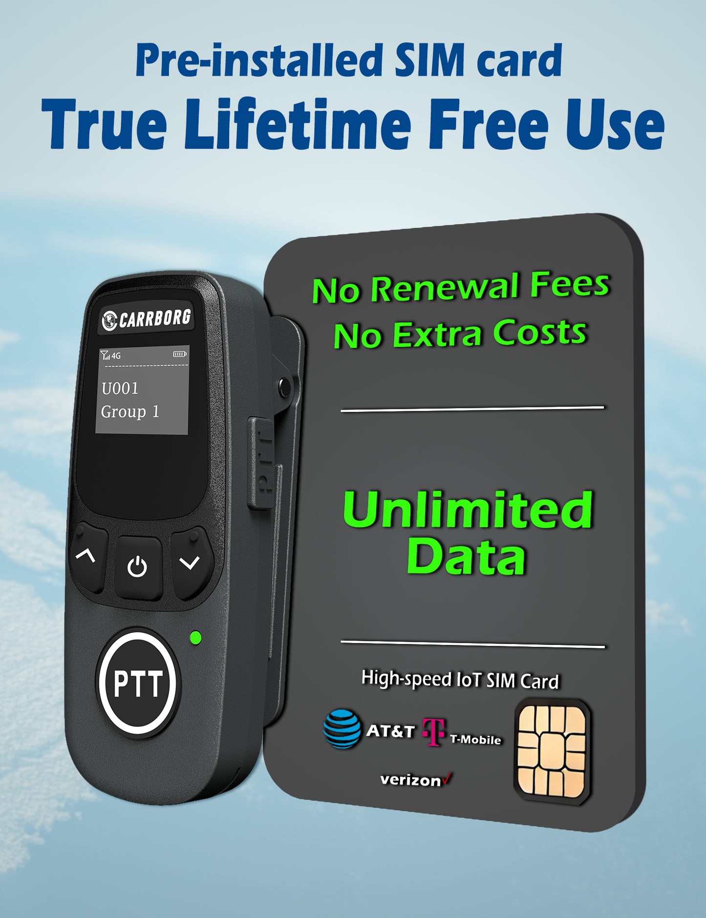 CARRBORG U5 Mini Walkie Talkies Long Range, Unlimited Range Nationwide Lifetime Free 4G PoC with G-Shaped Earpieces for Hospitals, Restaurants, Retail & Golf Courses
