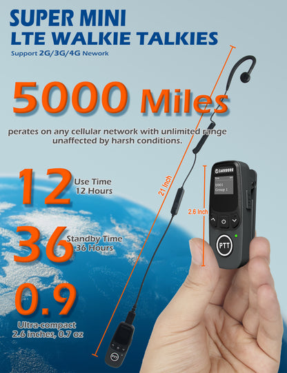 CARRBORG U5 Mini Walkie Talkies Long Range, Unlimited Range Nationwide Lifetime Free 4G PoC with G-Shaped Earpieces for Hospitals, Restaurants, Retail & Golf Courses