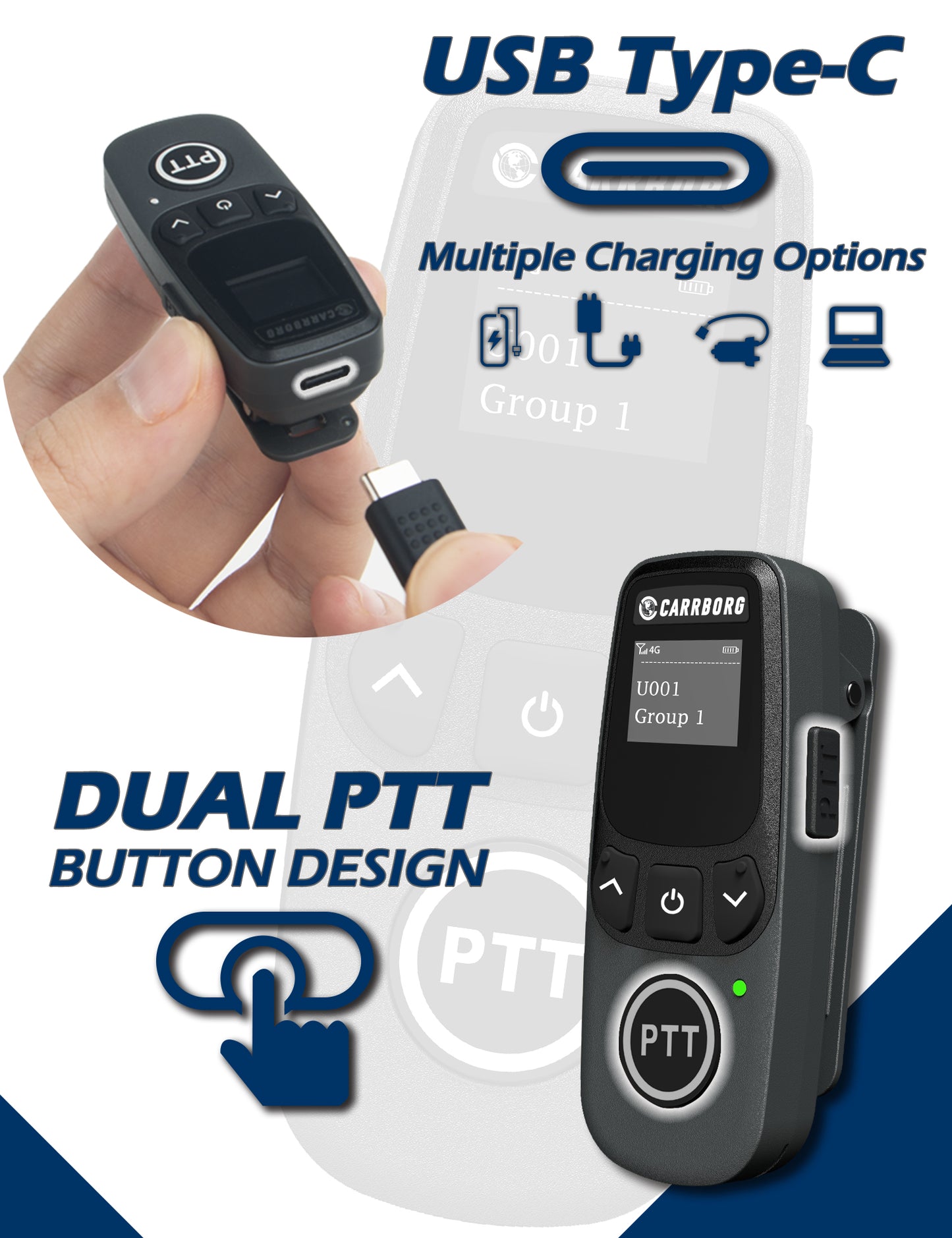 CARRBORG U5 Mini Walkie Talkies Long Range, Unlimited Range Nationwide Lifetime Free 4G PoC with G-Shaped Earpieces for Hospitals, Restaurants, Retail & Golf Courses