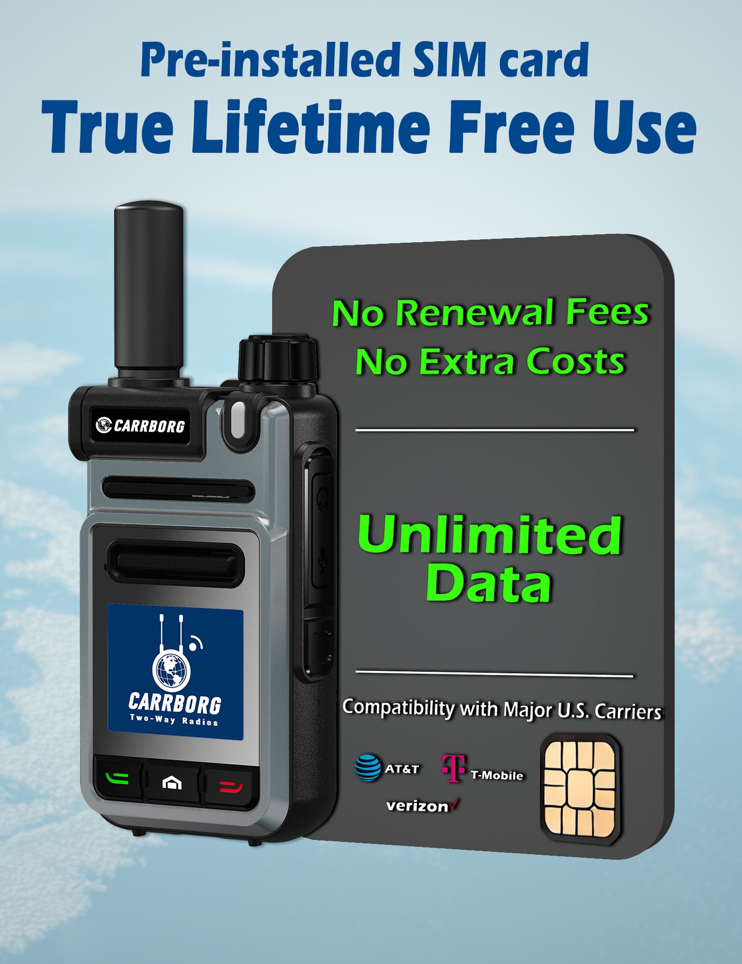 CARRBORG V1 4G Long Range Walkie Talkie | PTT Two-Way Radio | Nationwide & Global Coverage with SIM Card