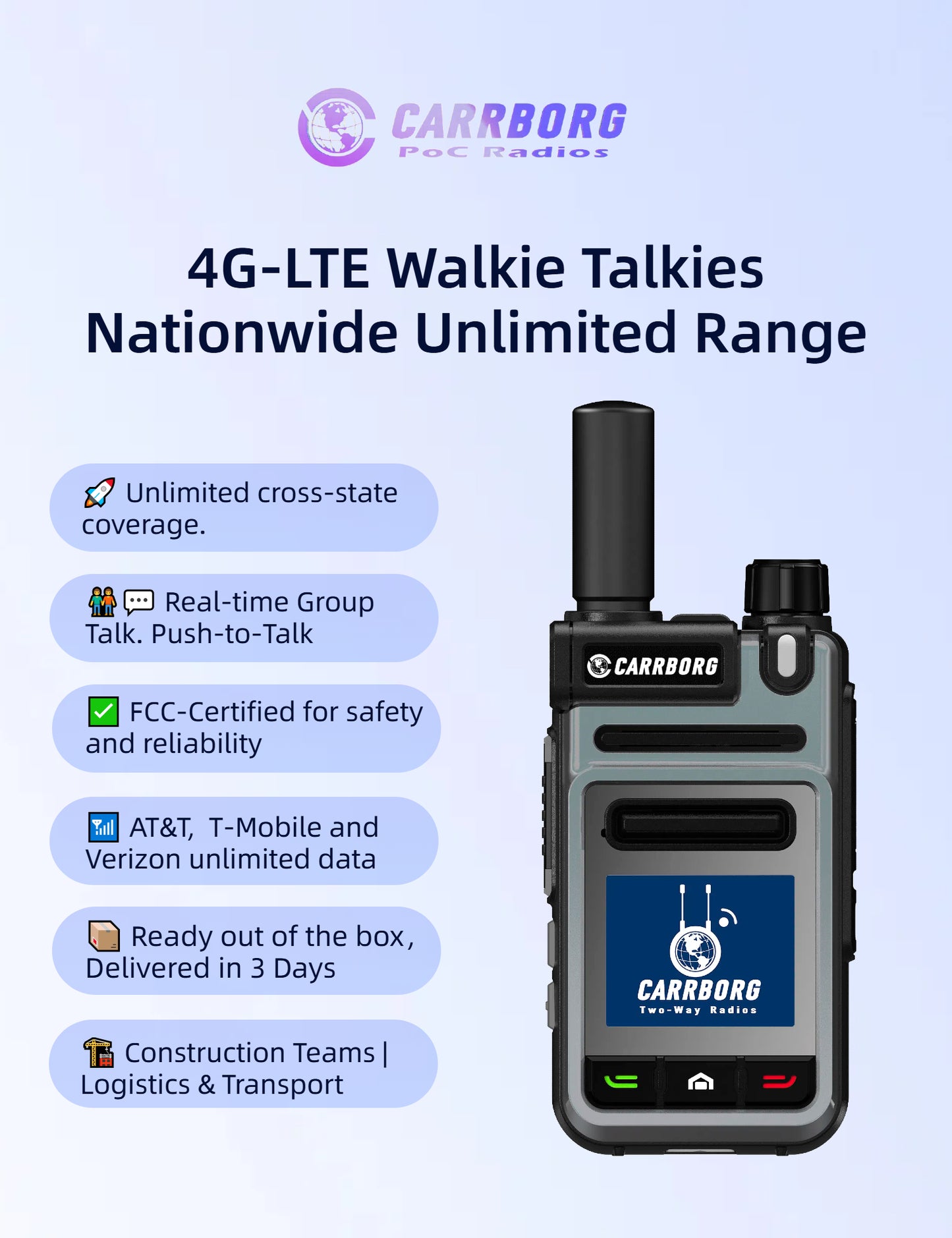 Walkie-talkie CARRBORG V1 4G de alcance ilimitado a nivel nacional