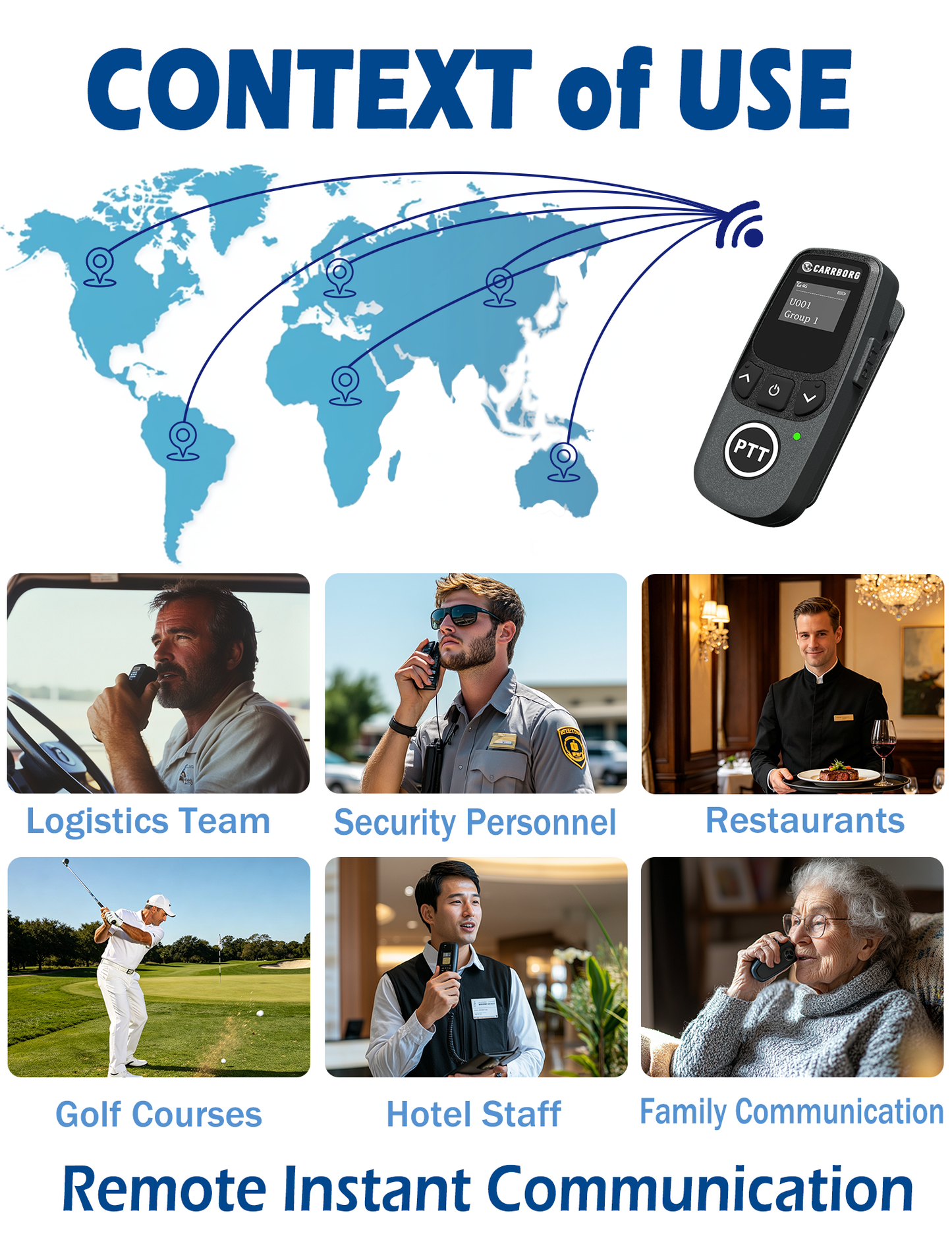 CARRBORG U5 Mini Walkie Talkies Long Range, Unlimited Range Nationwide Lifetime Free 4G PoC with G-Shaped Earpieces for Hospitals, Restaurants, Retail & Golf Courses